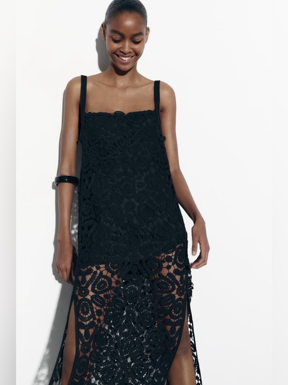 NWOT Zara BLACK CROCHET LACE STRAPPY MIDI DRESS